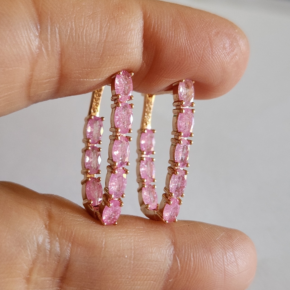 New 14K Gold Filled Pink Gemstones Hoop Earrings for Women